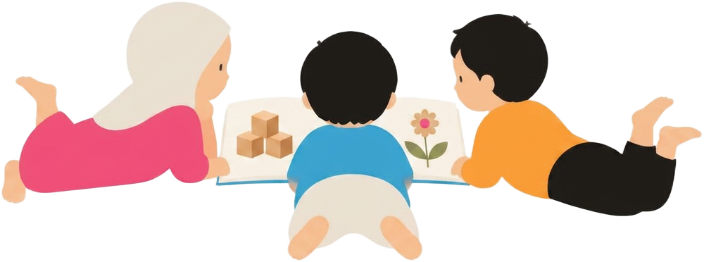 Three young children reading a picture book together on the floor